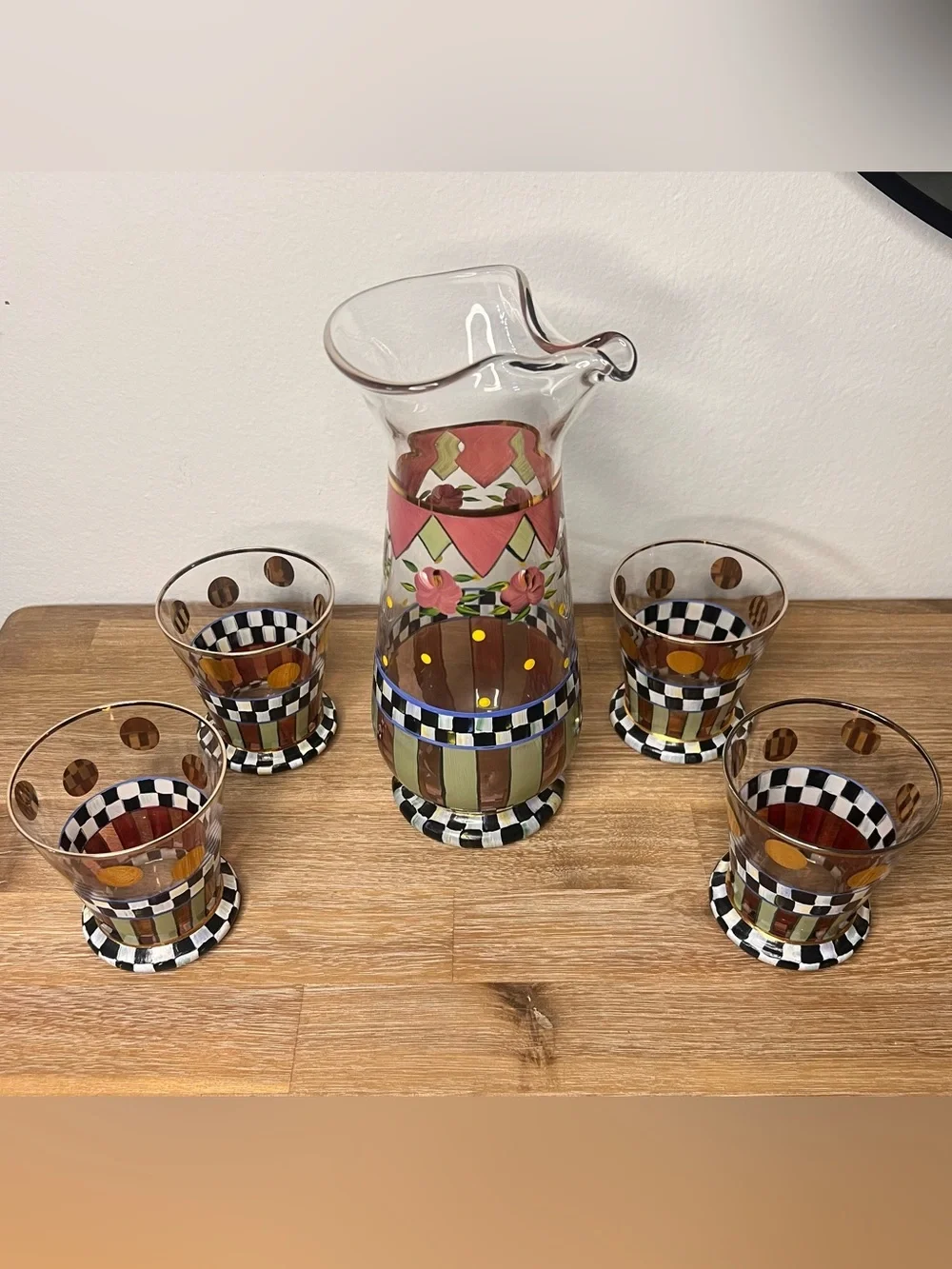 MacKenzie-Childs Hand-Painted 5-Piece Pitcher & Tumbler Set Courtly Check Floral